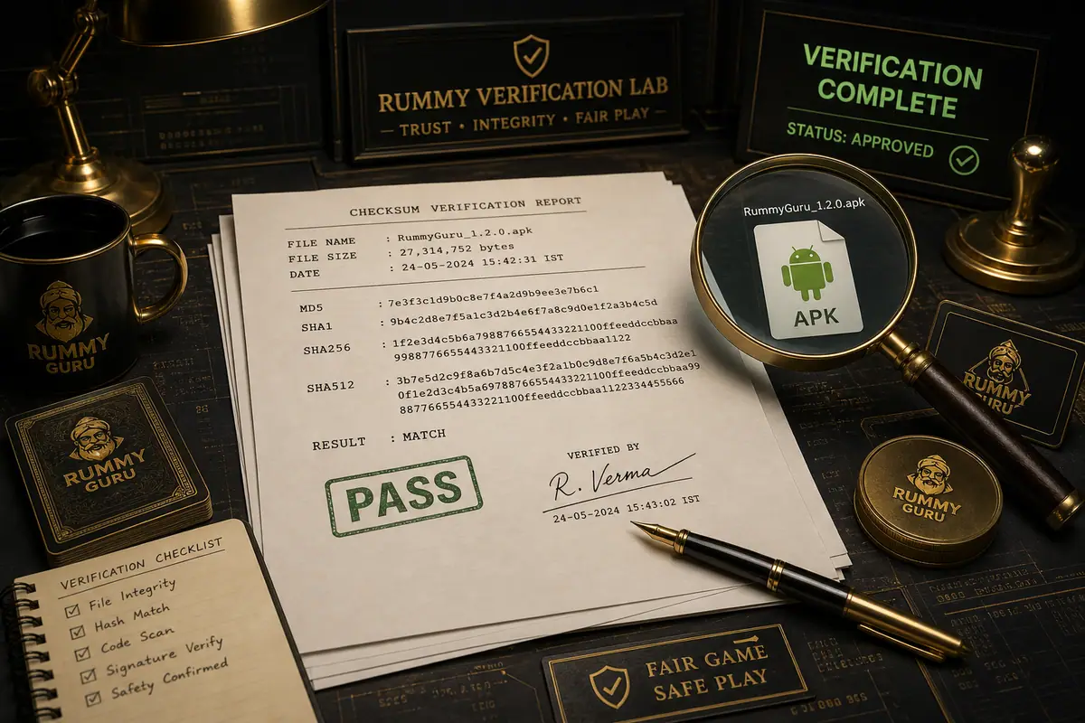 Rummy app bonus code verification desk with checklist, cards and proof notes