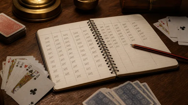 Pool rummy ledger with card table scoring notes and safe APK context