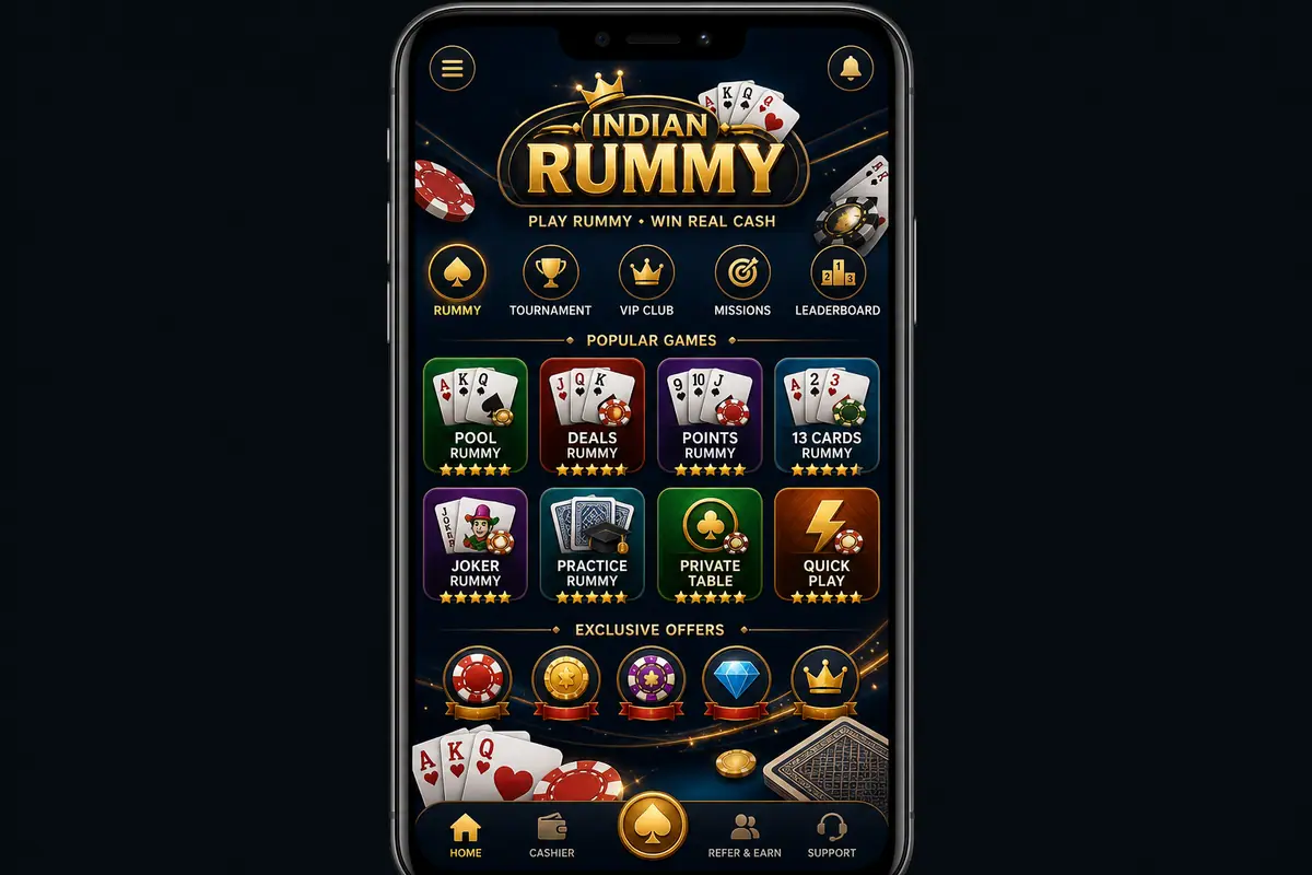 Phone screen showing Indian Rummy practice related to Points Rummy declaration rules with gold UI