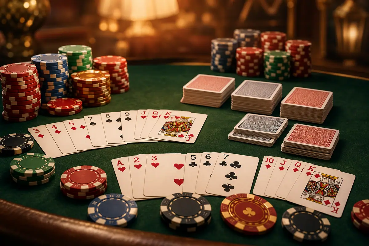Deals Rummy multi-round chips and card stacks on felt table