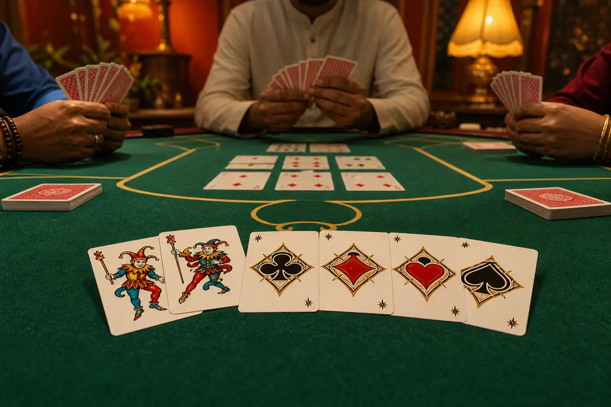 Joker rules hero with printed and wild cards on Indian Rummy table
