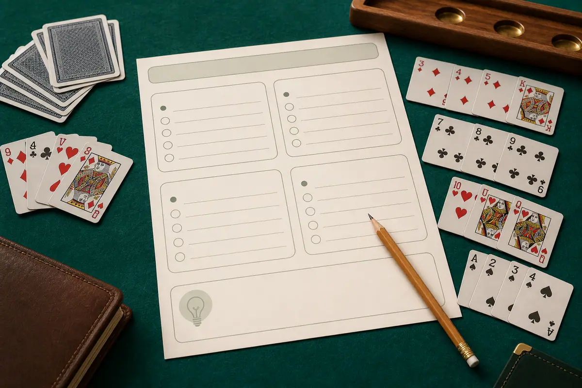 Rummy practice quiz desk with cards checklist and adult learning setup